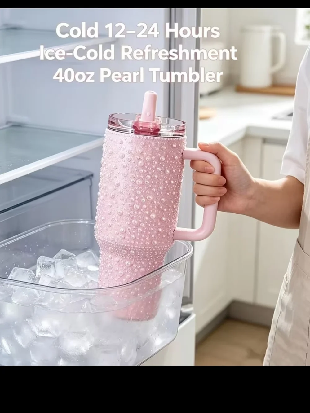 Pearl Rhinestone 40oz Tumbler with Handle - Pink and White